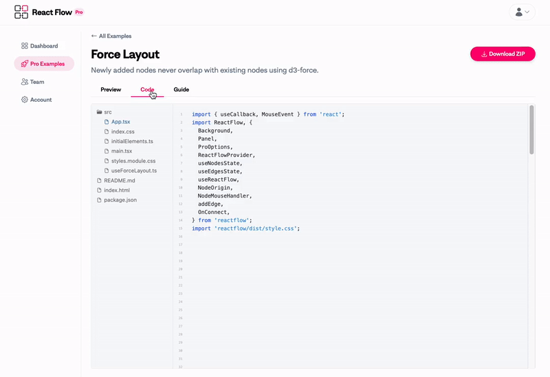 The example viewer, where a user cycles between tabs of previewing the example, looking at the code, and reading the guide.